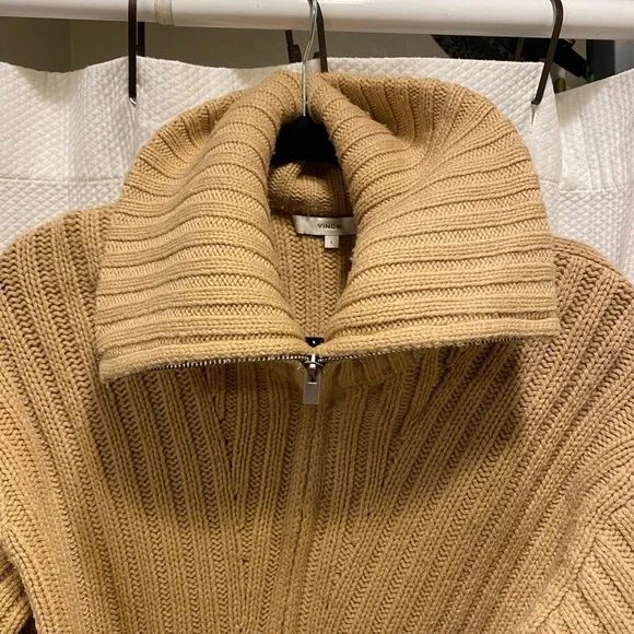 Vince Rib Transfer Wool Cashmere Zip Up Fisherman Sweater Chamois Beige L - Picture 10 of 10